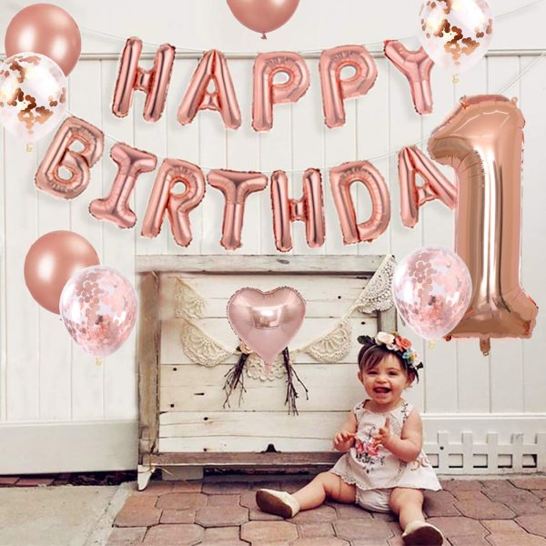 JeVenis Decoración de Fiesta de Primer Cumpleaños en Oro Rosa con Dulce Corazón y Globos de Feliz Cumpleaños Online now