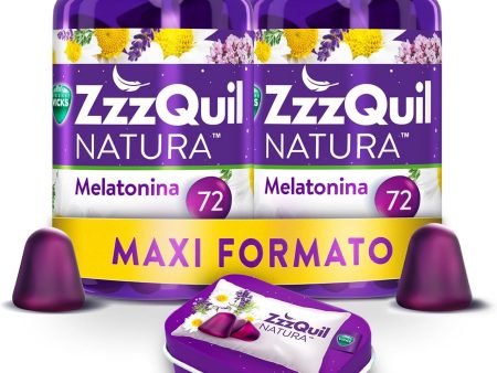 ZzzQuil Natura Suplemento con Melatonina Pura y Extractos de Valeriana para Dormir, Manzanilla y Lavanda, Bayas Formato Maxi 2x72 Gomitas + Estuche de Viaje Morado Embalaje Deteriorado Cheap